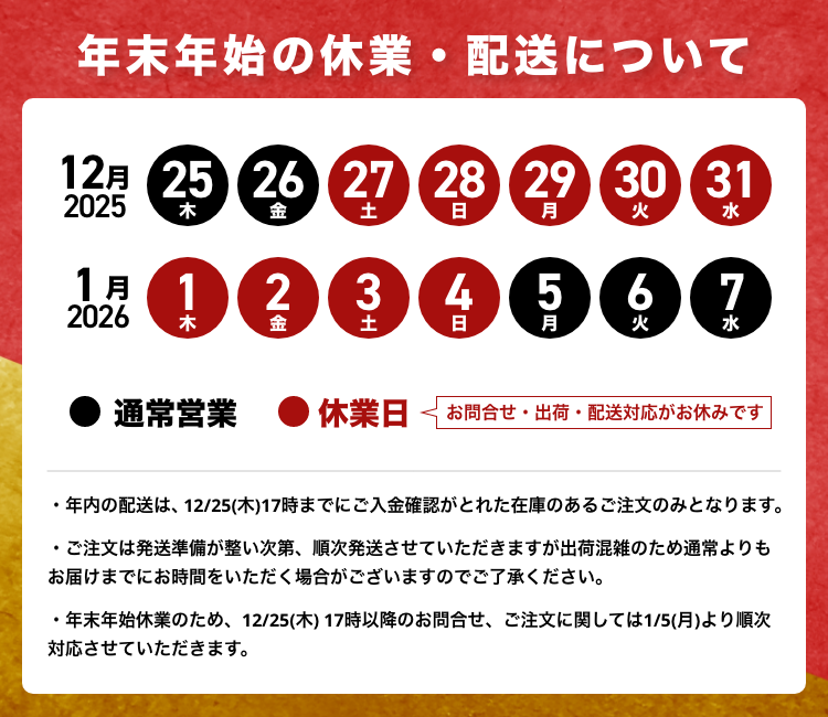 年末年始の休業・配送について